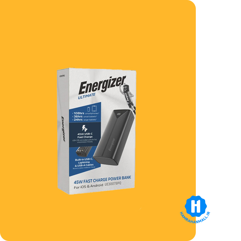 پاوربانک 45 وات انرجایزر مدل UE30078PQ ظرفیت 30000 میلی آمپر ساعت