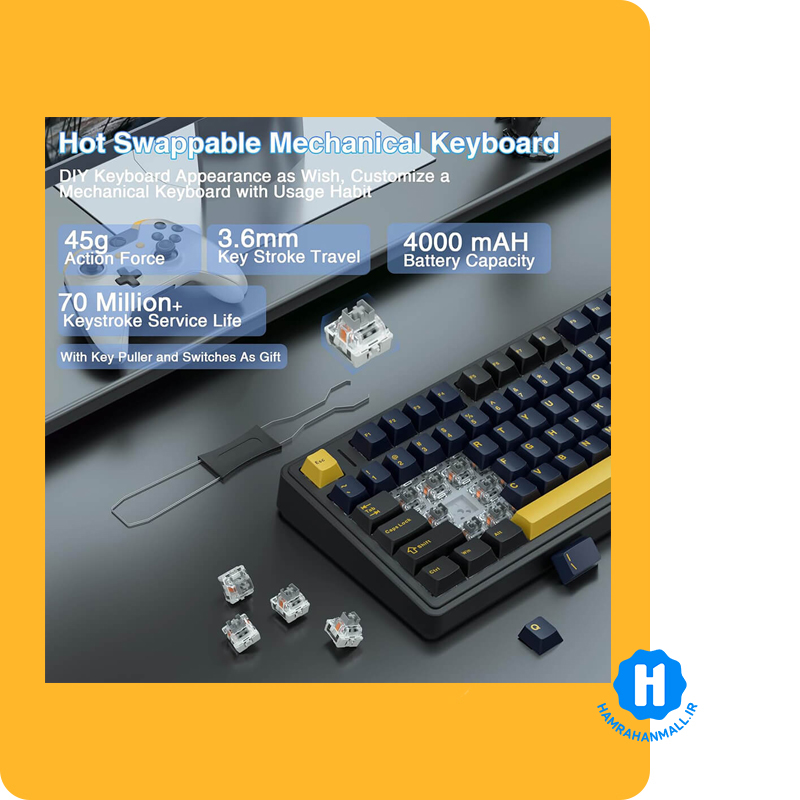 کیبورد گیمینگ ، وایرلس و بلوتوثی آئولا مدل AULA F75 Mechanical(رنگ کلید مشکی / سرمه ای / زرد) سوئیچ White