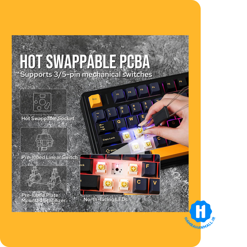 کیبورد گیمینگ ، وایرلس و بلوتوثی آئولا مدل AULA F75 Mechanical(رنگ کلید مشکی / سرمه ای / زرد) سوئیچ White