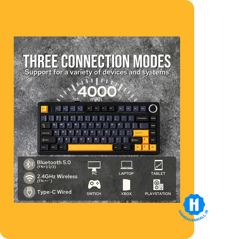 کیبورد گیمینگ ، وایرلس و بلوتوثی آئولا مدل AULA F75 Mechanical(رنگ کلید مشکی / سرمه ای / زرد) سوئیچ White