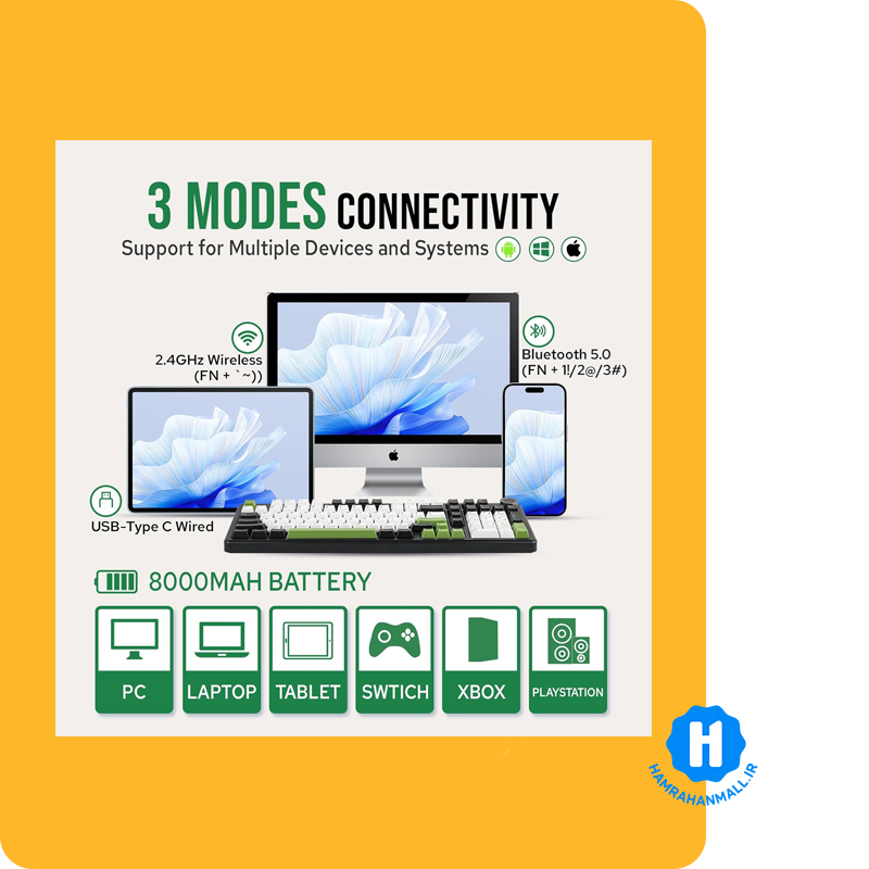 کیبورد گیمینگ، وایرلس و بلوتوثی آئولا مدل AULA F99 (رنگ کلید مشکی / سفید / سبز ) سوئیچ GRAY