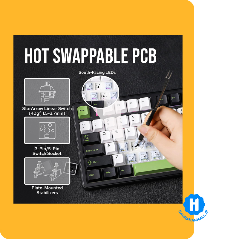 کیبورد گیمینگ، وایرلس و بلوتوثی آئولا مدل AULA F99 (رنگ کلید مشکی / سفید / سبز ) سوئیچ GRAY