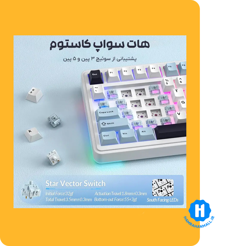 کیبورد مکانیکال سیم دار ، وایرلس و بلوتوثی مدل S75 Pro (رنگ کلید سفید / آبی) سوئیچ Seiya