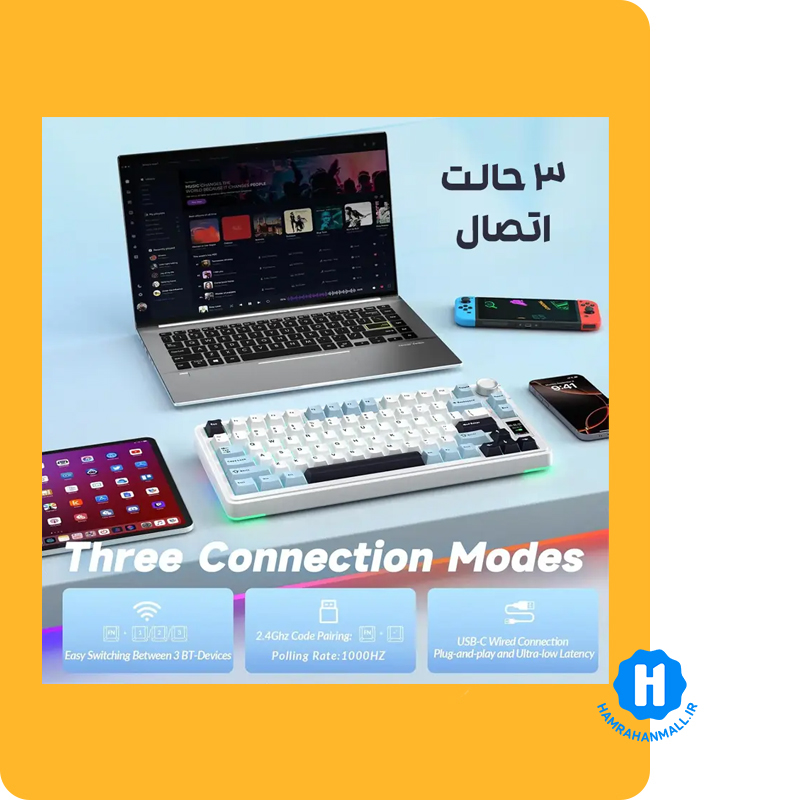 کیبورد مکانیکال سیم دار ، وایرلس و بلوتوثی مدل S75 Pro (رنگ کلید سفید / آبی) سوئیچ Seiya